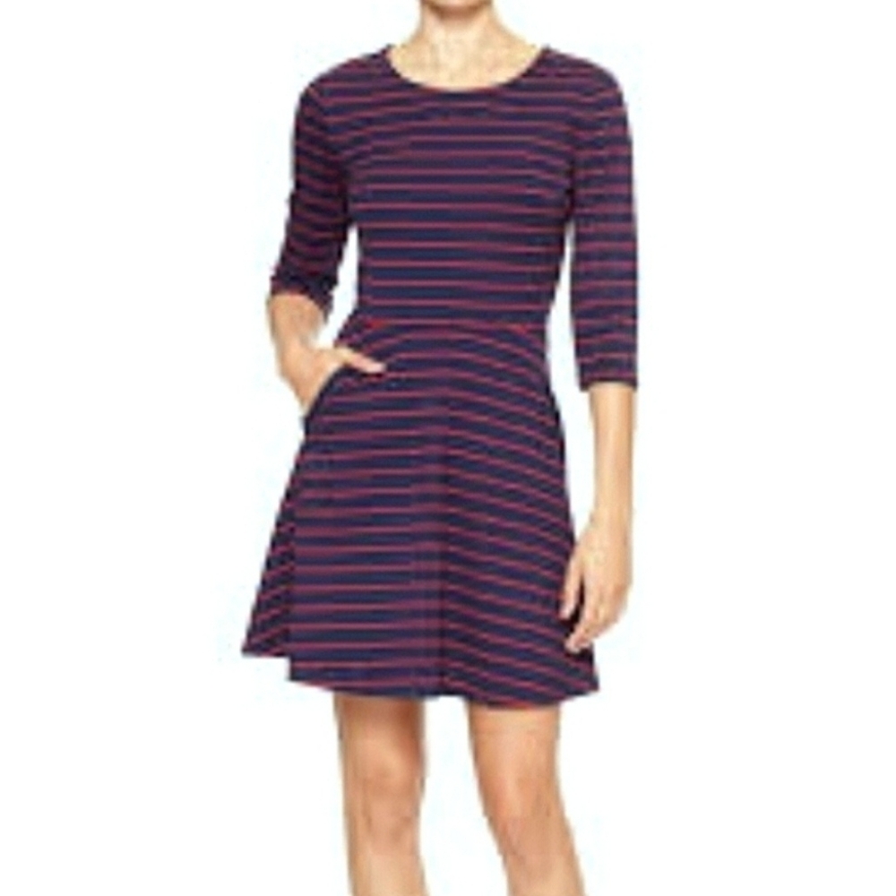 NWT Gap Factory Striped Ponte Fit & Flare Dress Navy Blue & Red ¾ Sleeve XL